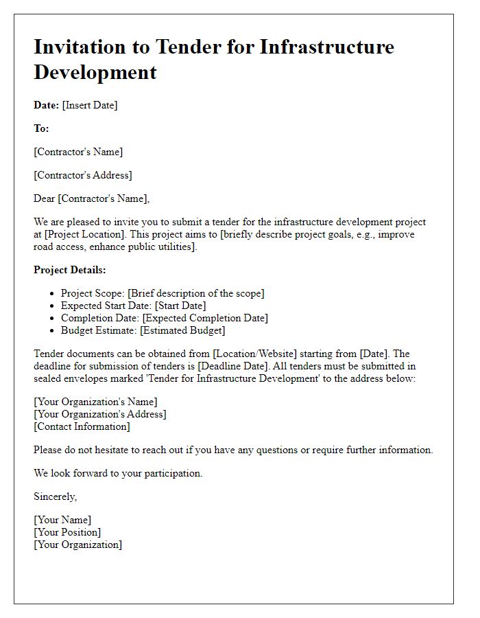 Letter template of contractor invitation to tender for infrastructure development.