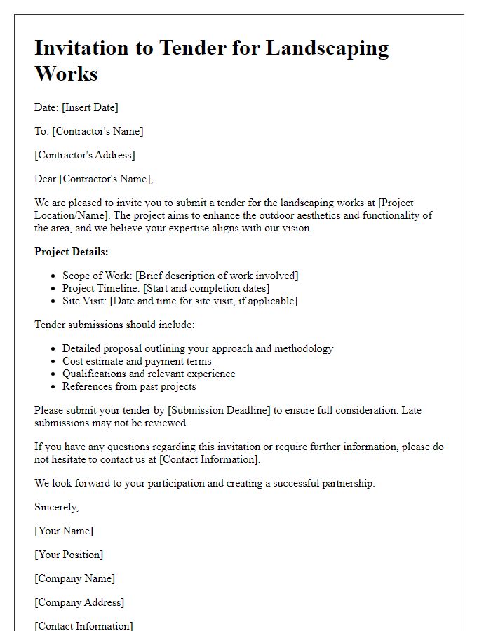 Letter template of contractor invitation to tender for landscaping works.