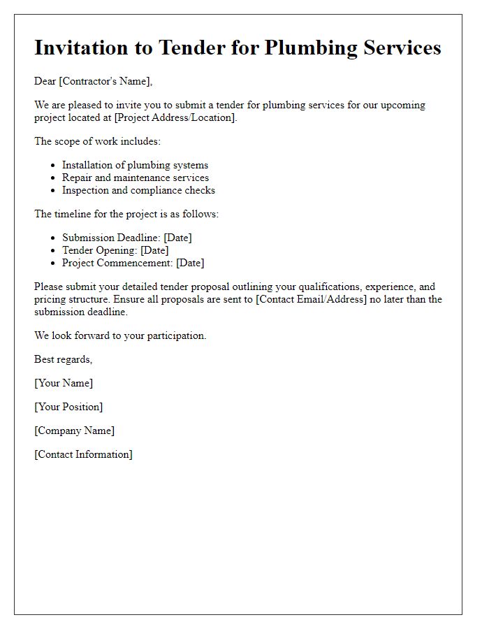 Letter template of contractor invitation to tender for plumbing services.