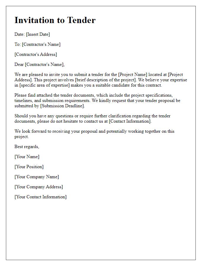 Letter template of contractor invitation to tender for private sector contracts.