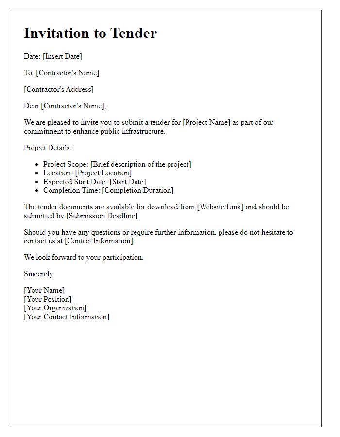 Letter template of contractor invitation to tender for public sector projects.