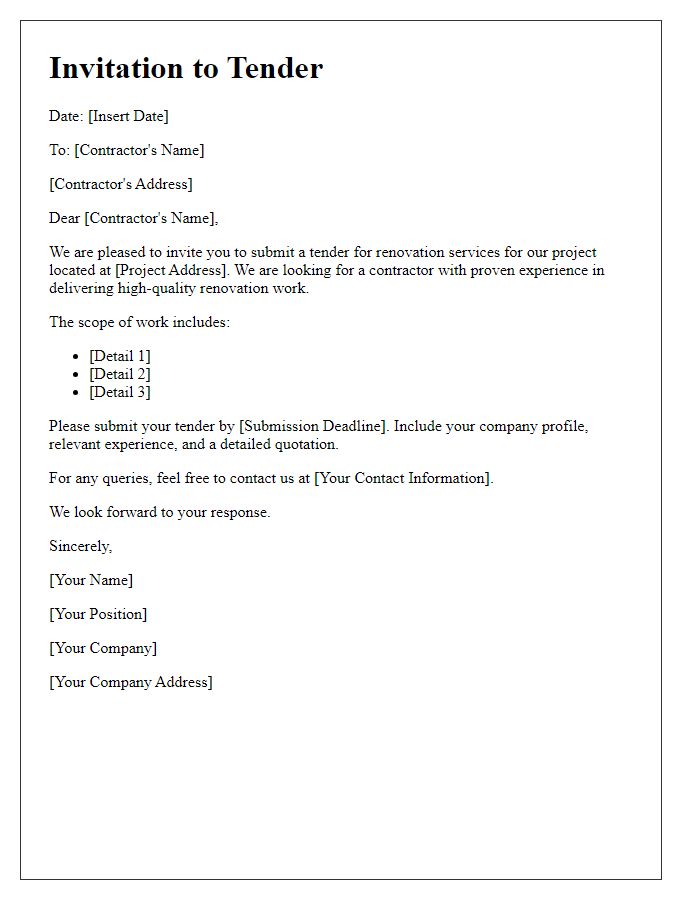 Letter template of contractor invitation to tender for renovation services.