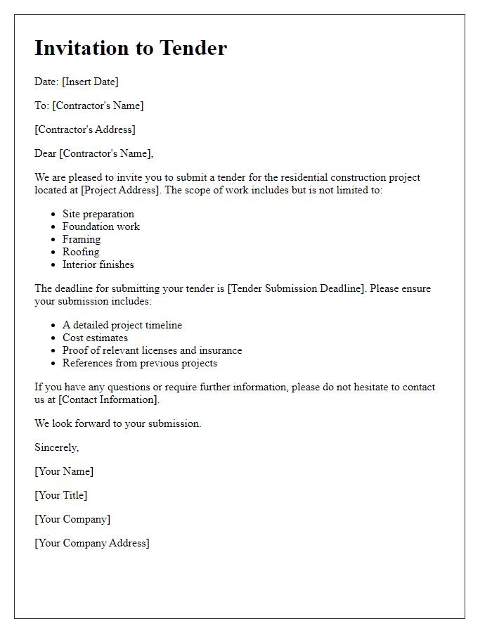 Letter template of contractor invitation to tender for residential construction.