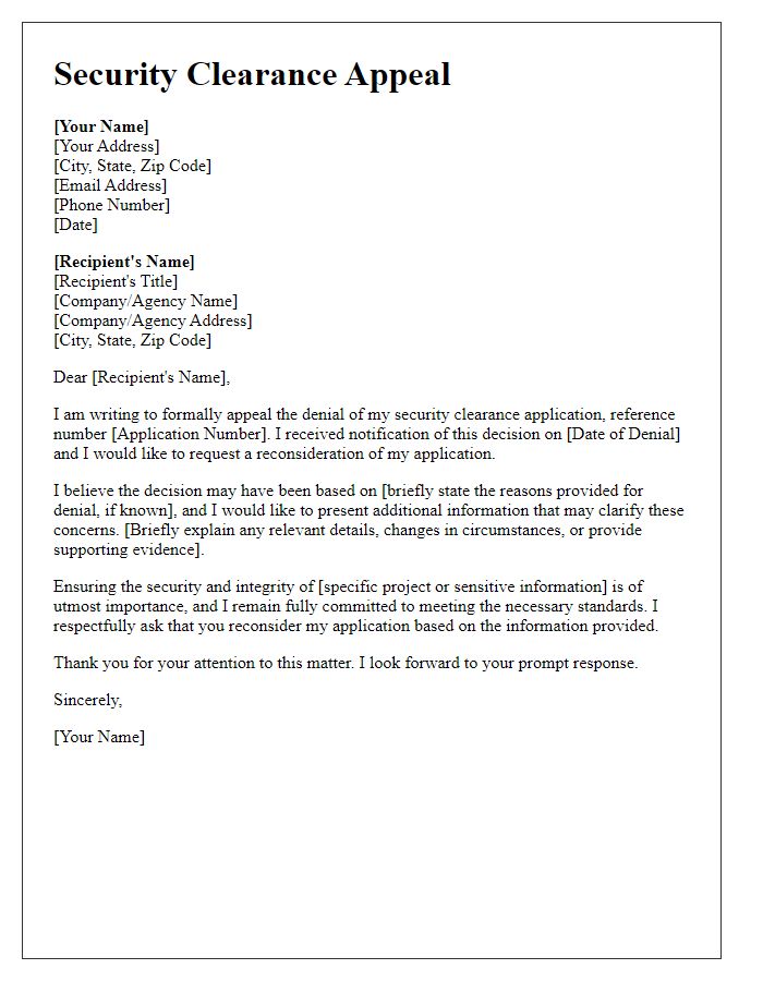 Letter template of contractor security clearance appeal for denied application