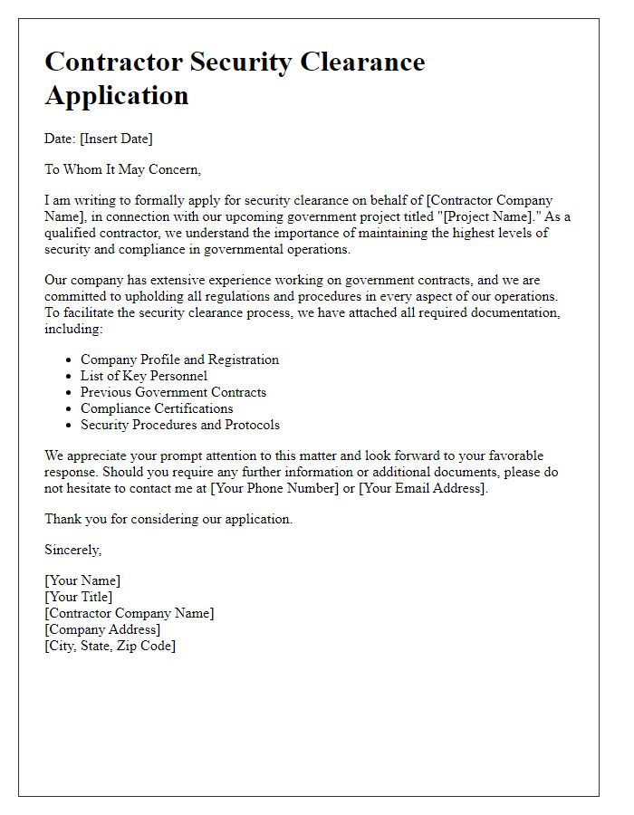 Letter template of contractor security clearance application for government projects