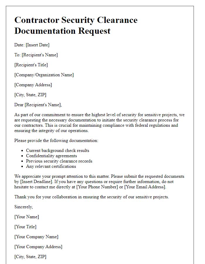 Letter template of contractor security clearance documentation request for sensitive projects