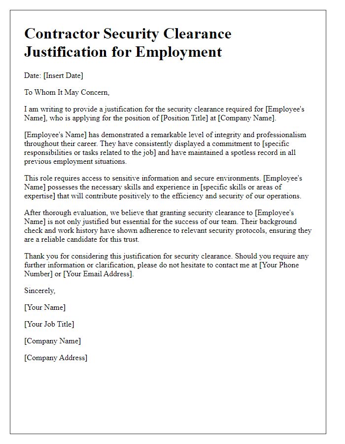 Letter template of contractor security clearance justification for employment