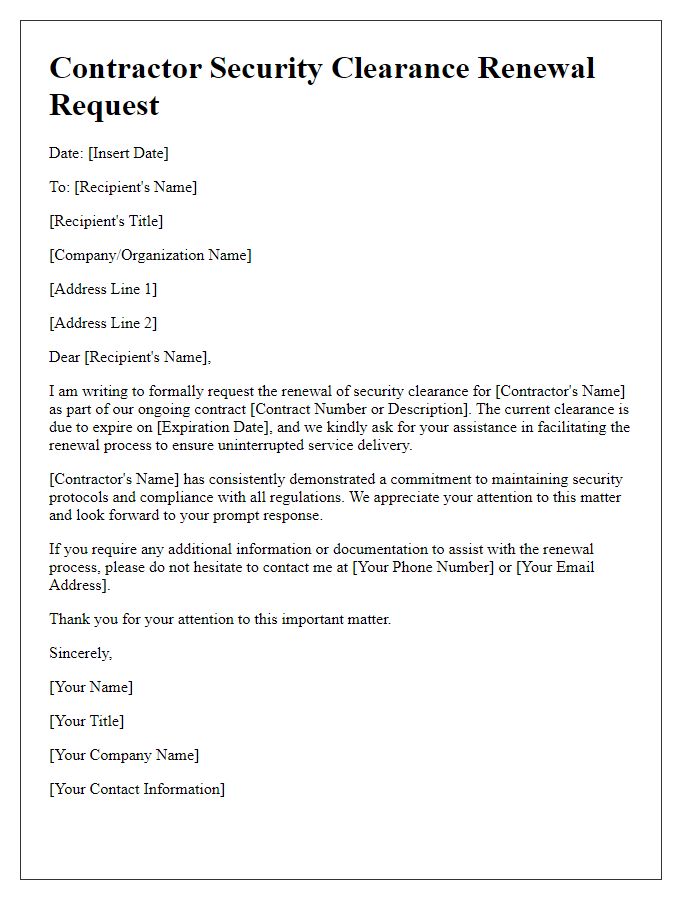 Letter template of contractor security clearance renewal for ongoing contracts