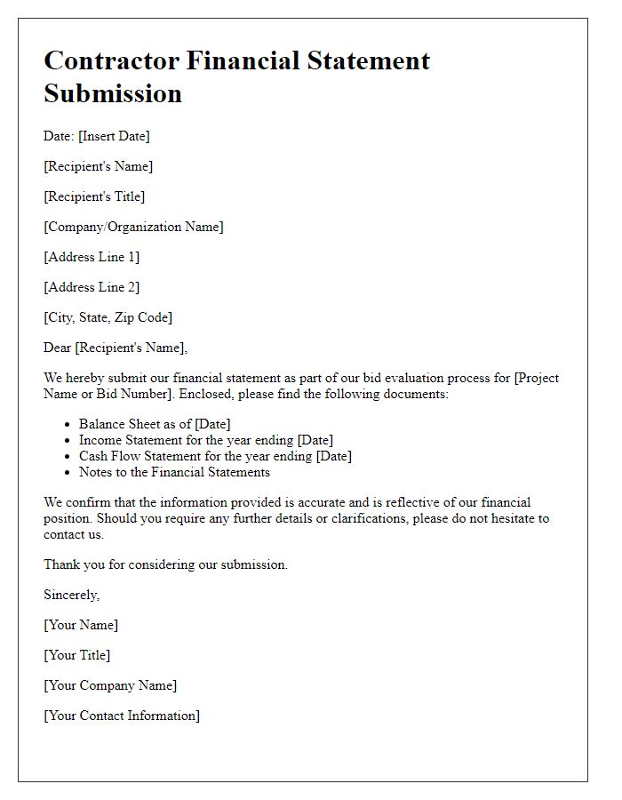 Letter template of Contractor Financial Statement Submission for Bid Evaluation