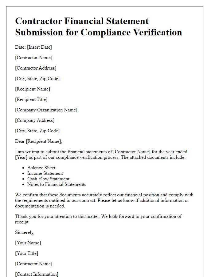 Letter template of Contractor Financial Statement Submission for Compliance Verification