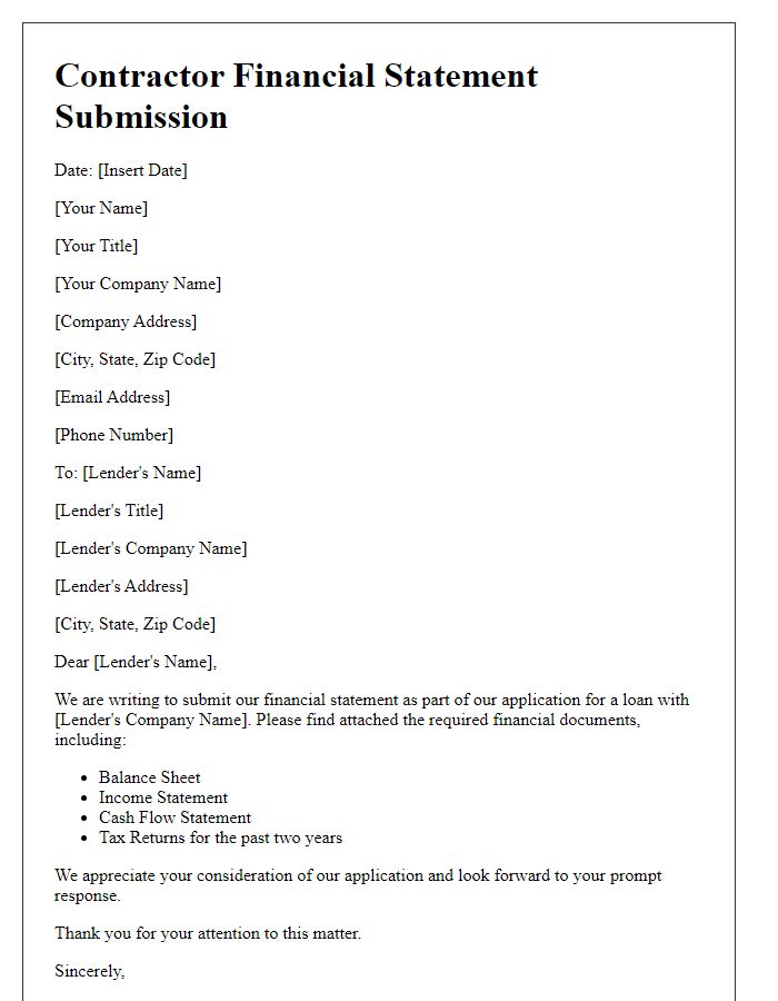 Letter template of Contractor Financial Statement Submission for Loan Application