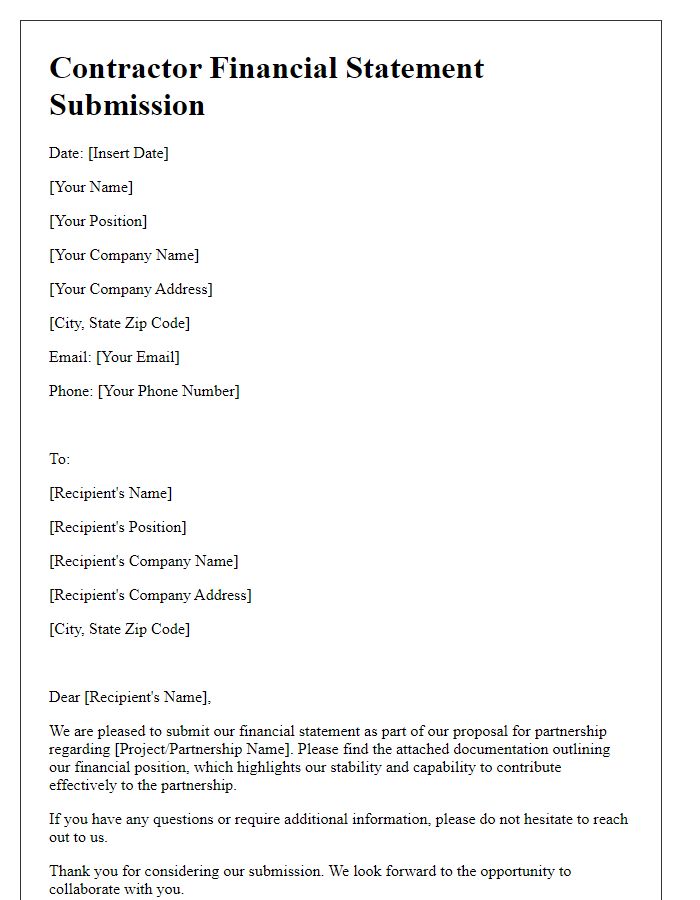 Letter template of Contractor Financial Statement Submission for Partnership Proposal