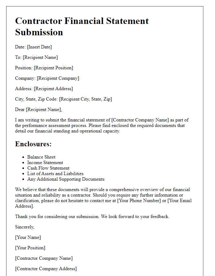 Letter template of Contractor Financial Statement Submission for Performance Assessment