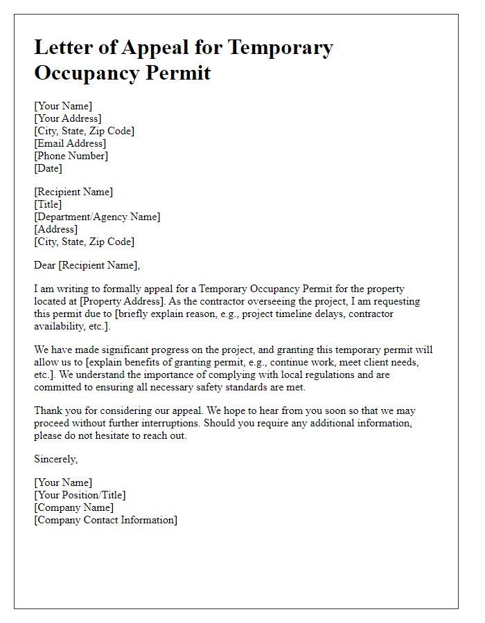 Letter template of Appeal for Temporary Occupancy Permit for Contractors