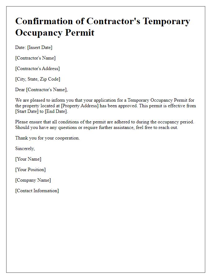 Letter template of Confirmation for Contractor's Temporary Occupancy Permit