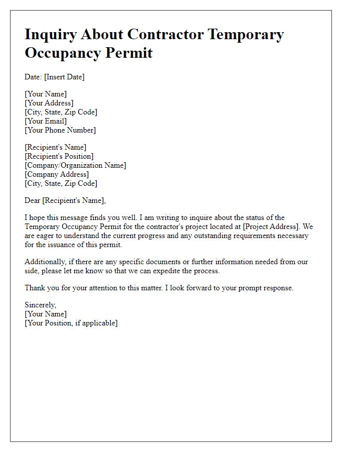 Letter template of Inquiry about Contractor Temporary Occupancy Permit