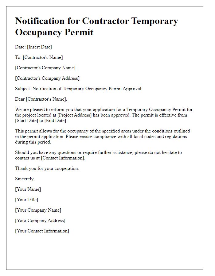 Letter template of Notification for Contractor Temporary Occupancy Permit