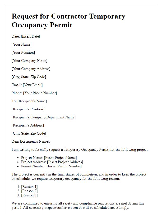 Letter template of Request for Contractor Temporary Occupancy Permit