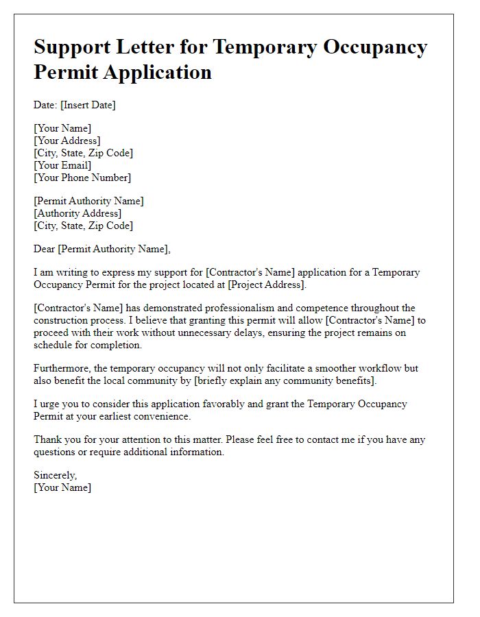 Letter template of Support for Contractor's Temporary Occupancy Permit Application