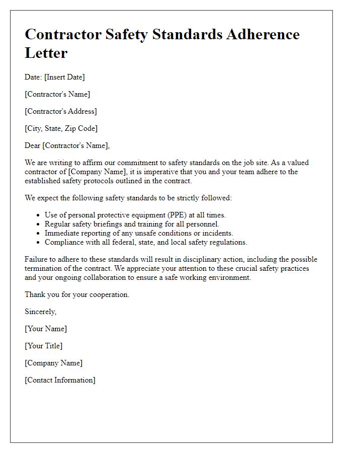 Letter template of contractor adherence to safety standards