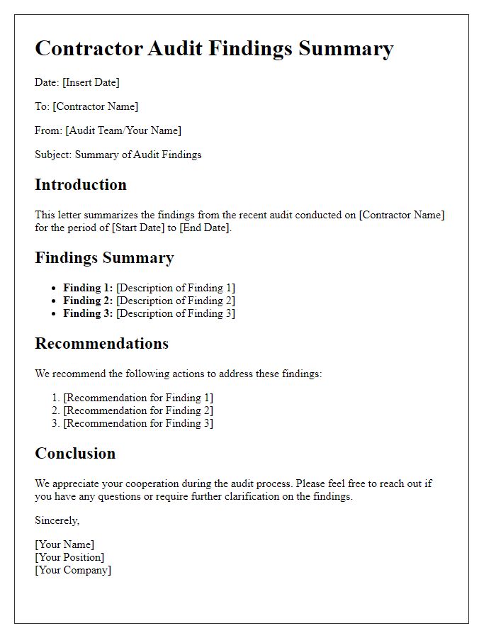 Letter template of contractor audit findings summary