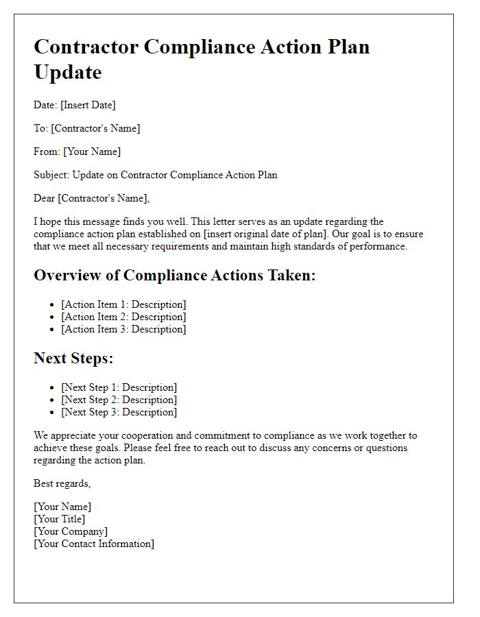 Letter template of contractor compliance action plan update