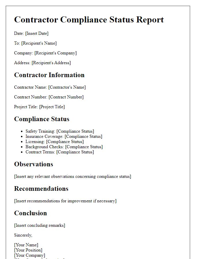 Letter template of contractor compliance status report