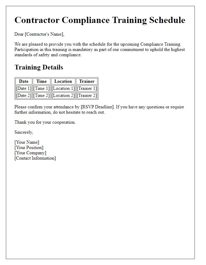 Letter template of contractor compliance training schedule