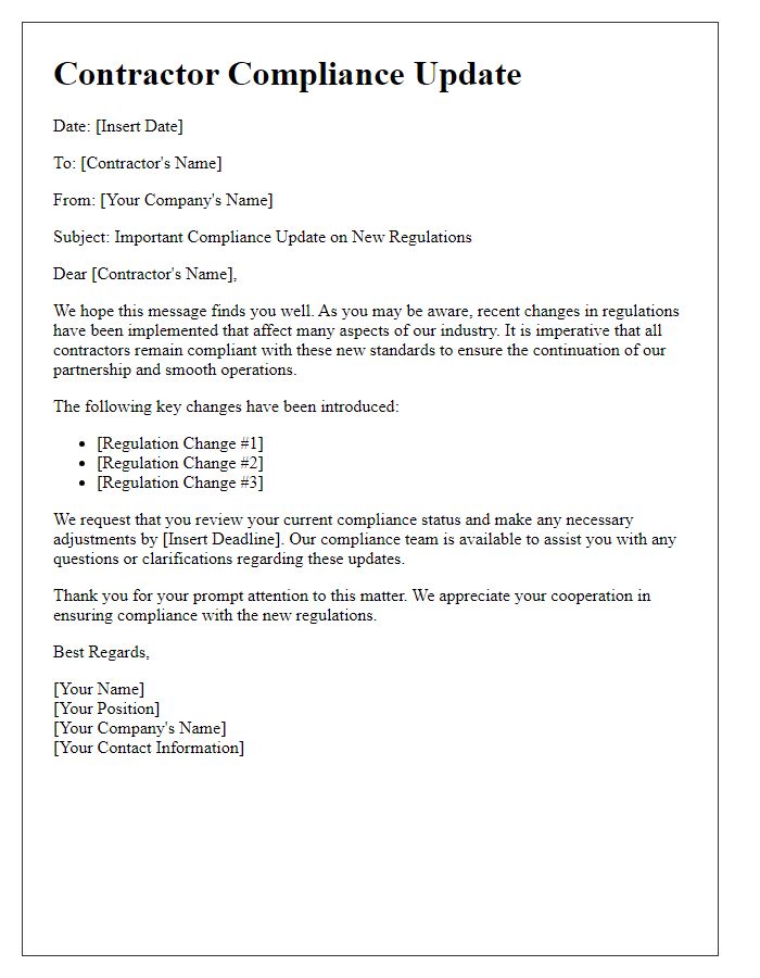 Letter template of contractor compliance update for new regulations