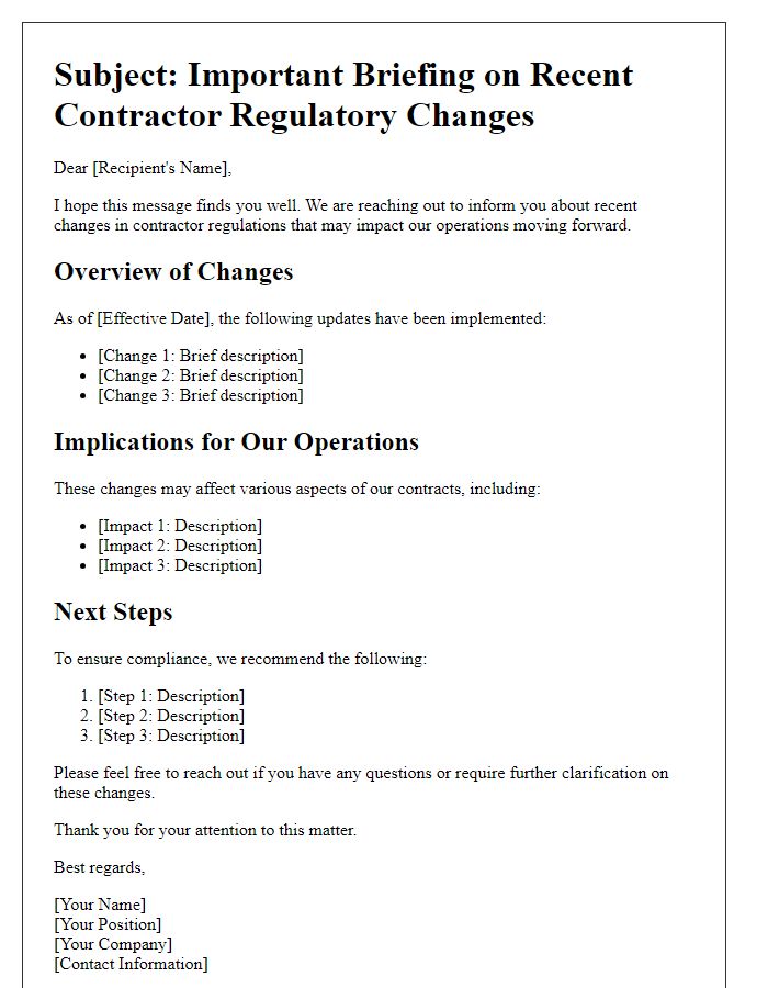 Letter template of contractor regulatory changes briefing