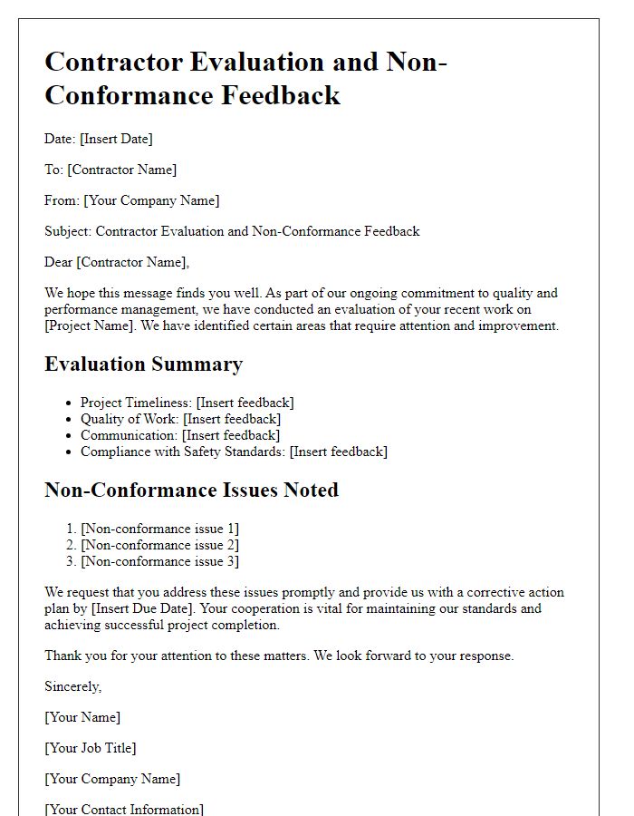 Letter template of Contractor Evaluation and Non-Conformance Feedback