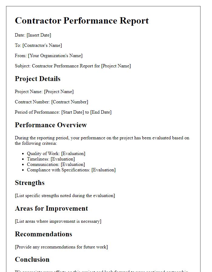 Letter template of Contractor Performance Report