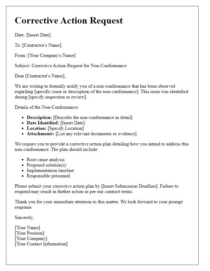 Letter template of Corrective Action Request for Contractor Non-Conformance