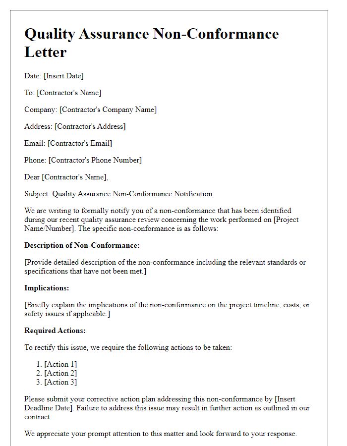 Letter template of Quality Assurance Non-Conformance for Contractors