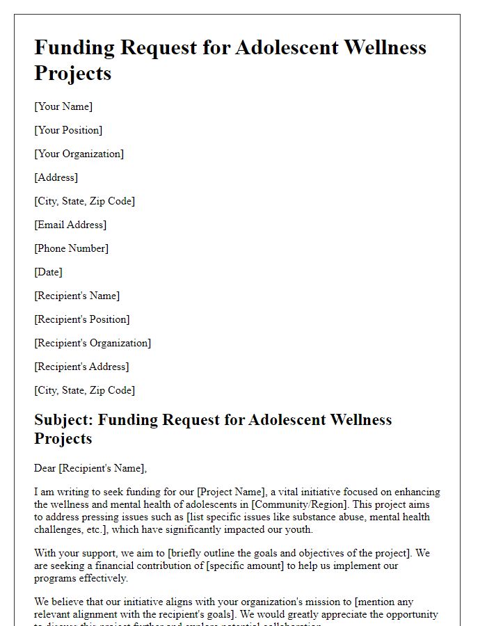 Letter template of funding request for adolescent wellness projects