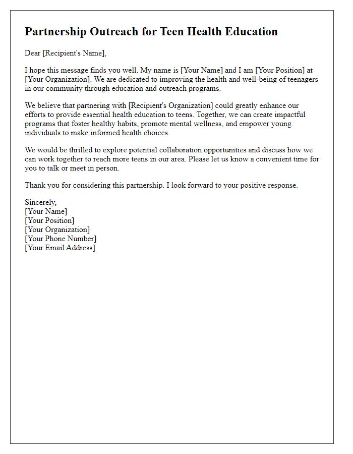 Letter template of partnership outreach for teen health education