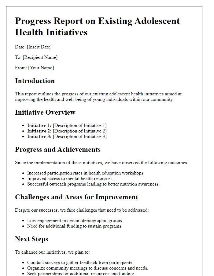 Letter template of progress report on existing adolescent health initiatives