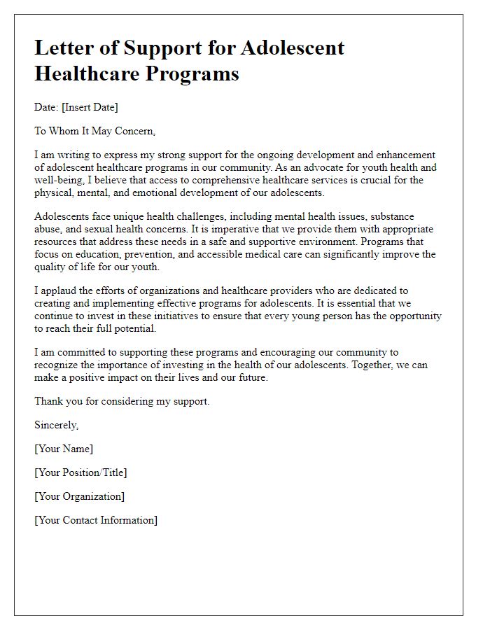 Letter template of support for adolescent healthcare programs