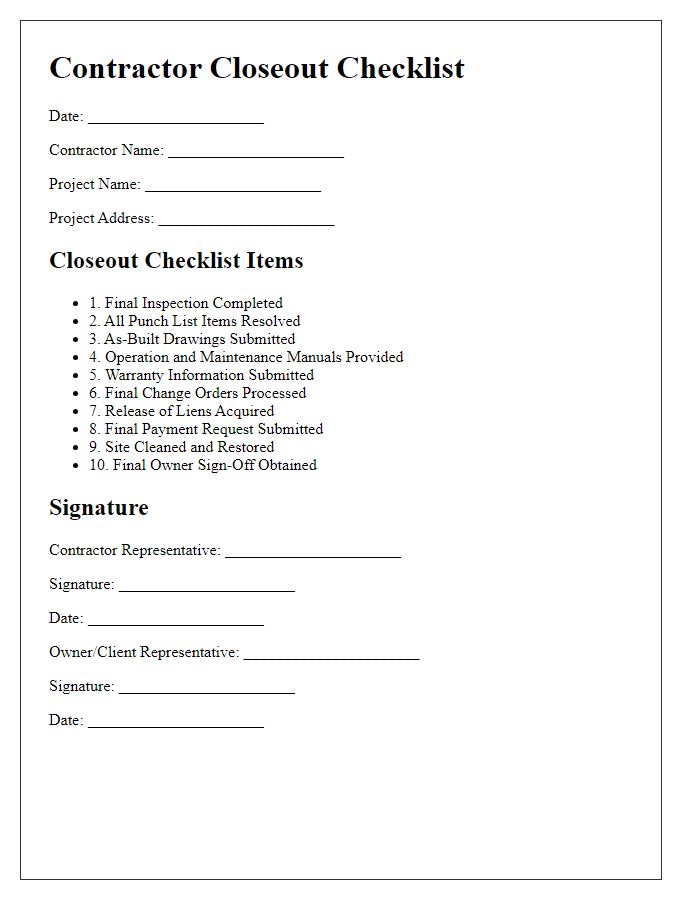 Letter template of contractor closeout checklist