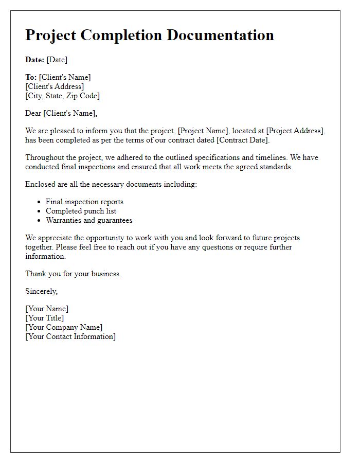 Letter template of contractor project completion documentation