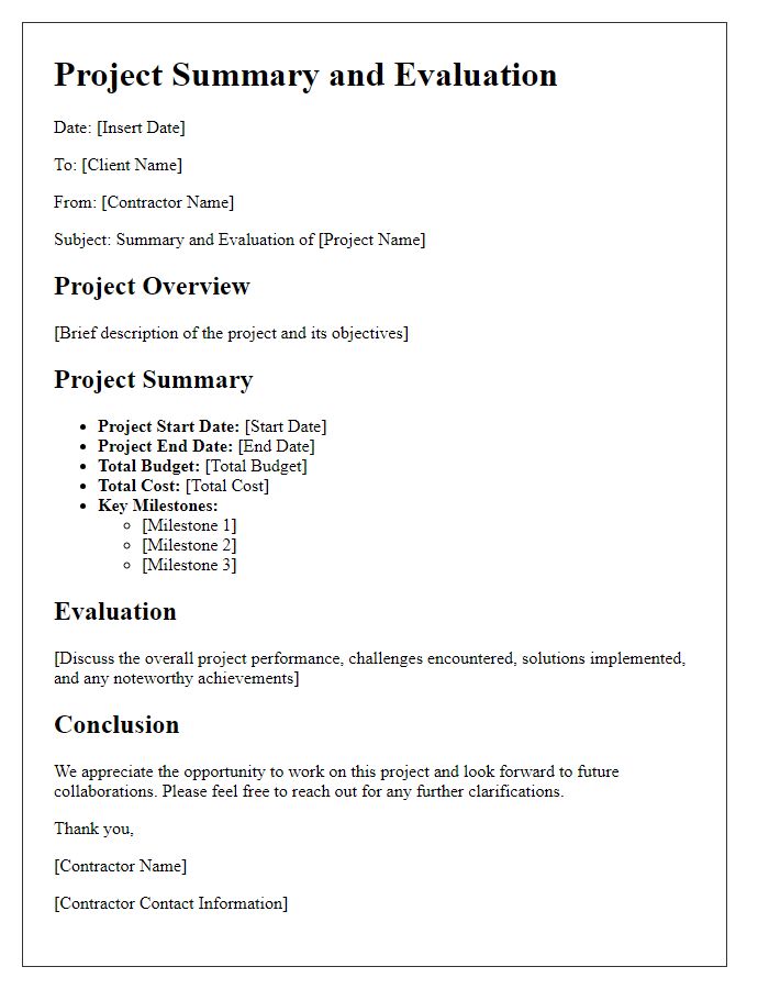 Letter template of contractor project summary and evaluation