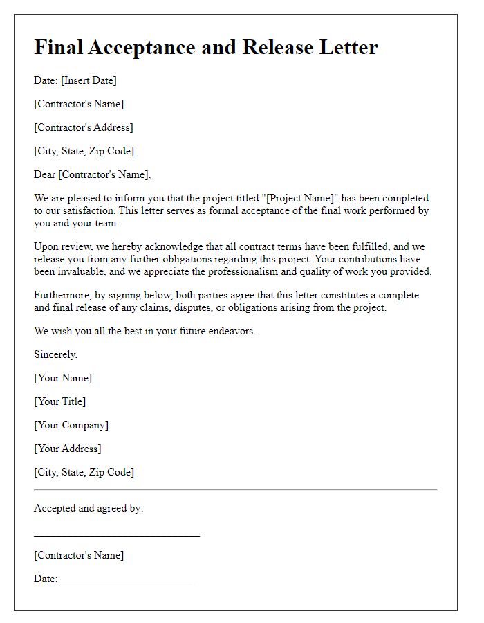 Letter template of final acceptance and release for contractors