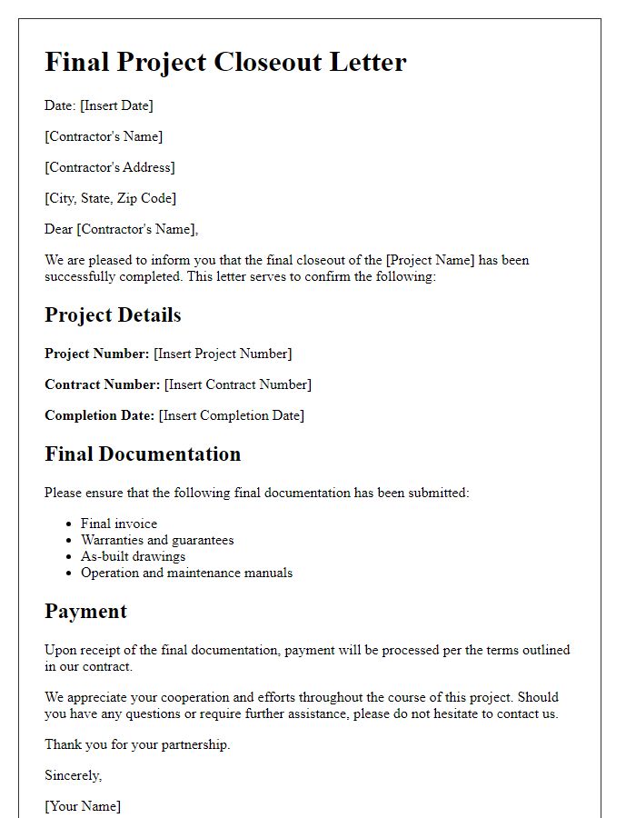 Letter template of final project closeout for contractors