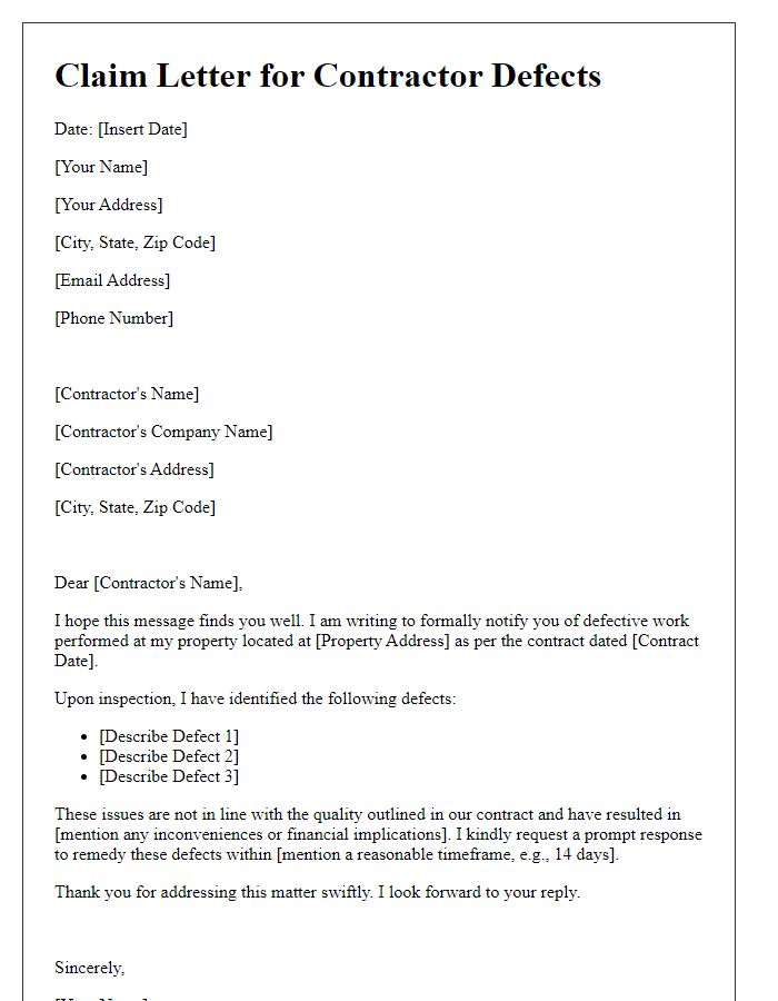 Letter template of Claiming Contractor Defects