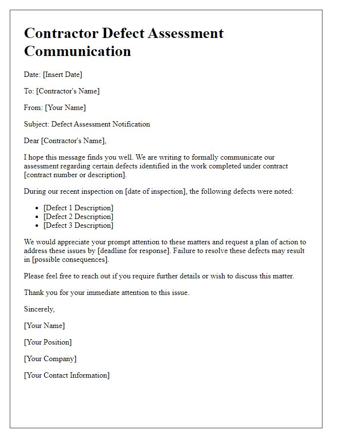 Letter template of Contractor Defect Assessment Communication