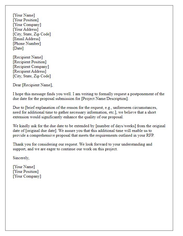 Letter template of contractor request for proposal due date postponement