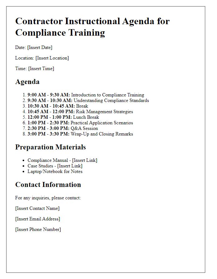 Letter template of contractor instructional agenda for compliance training