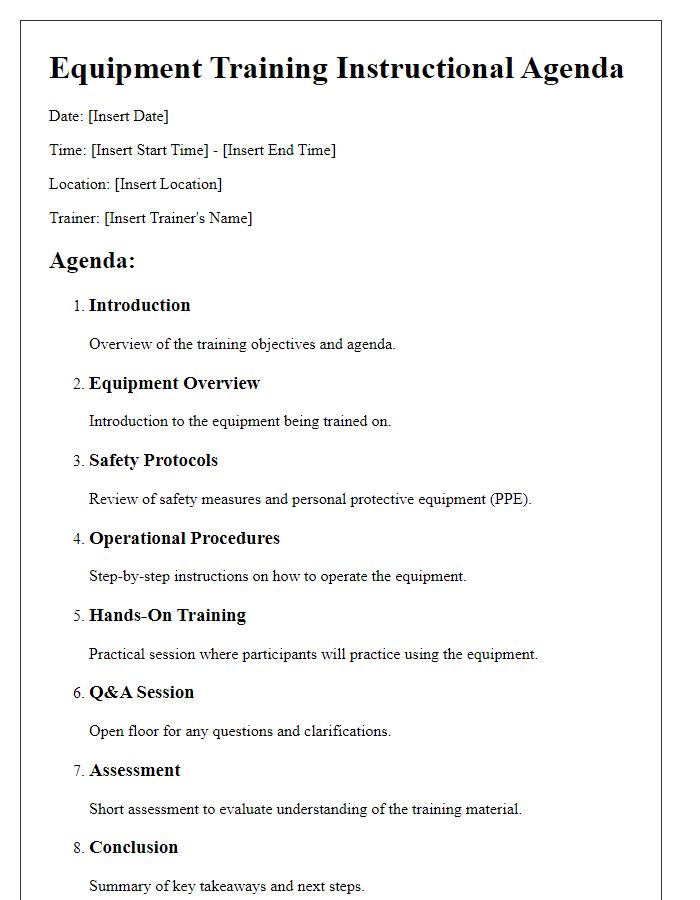 Letter template of contractor instructional agenda for equipment training