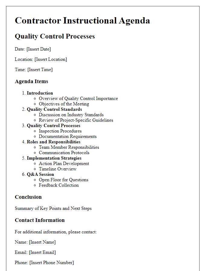 Letter template of contractor instructional agenda for quality control processes