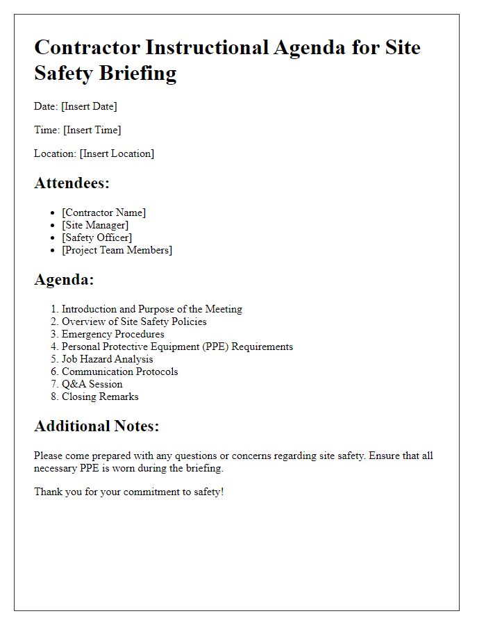 Letter template of contractor instructional agenda for site safety briefing